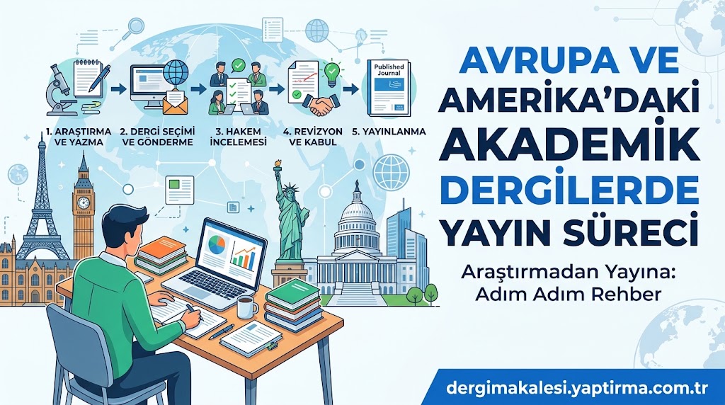 Infographic outlining steps for academic journal publishing: research, peer review, revision, and publication with a researcher at a desk and world landmarks in the background.