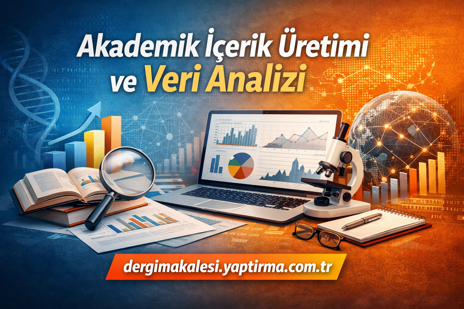 Banner showing akademik içerik üretimi ve veri analizi with laptop charts, microscope, books, and a globe.