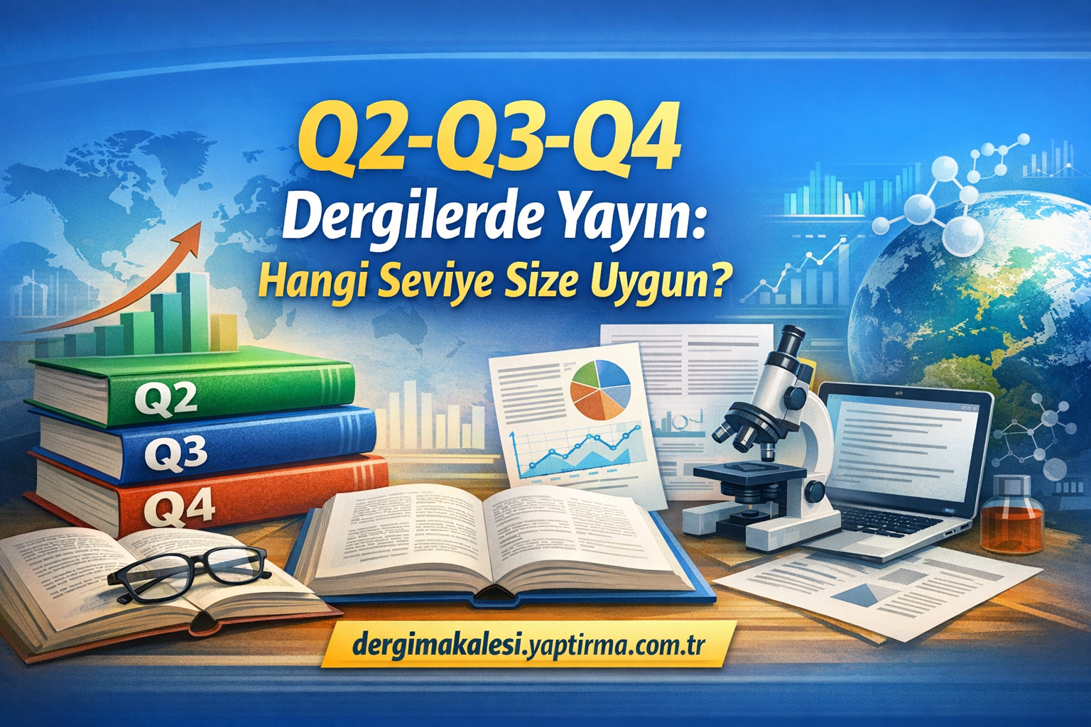 Poster about publishing in Q2–Q4 for journals; shows stacked books, open books, glasses, a microscope, laptop, and charts near a globe.
