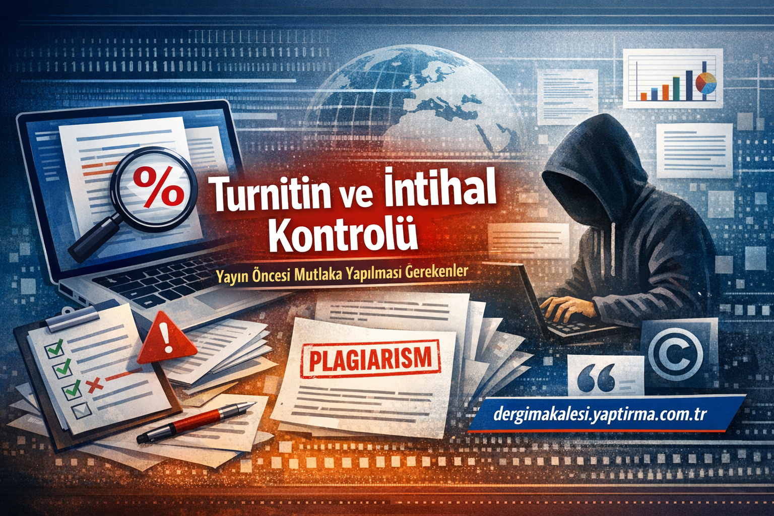 Hooded figure on the right using a laptop; papers with a PLAGIARISM stamp in foreground illustrate Turnitin ve İntihal Kontrolü. (informative image)