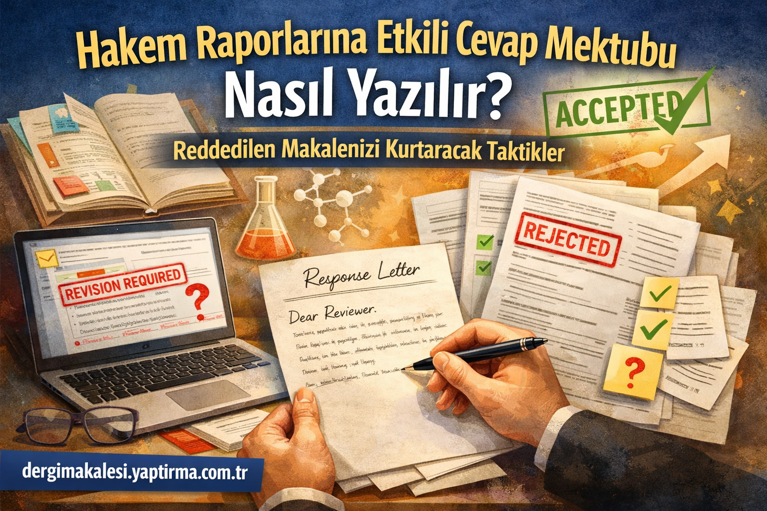 Illustration of a busy desk: a hand writes a response letter while a laptop displays 'Revision Required' and stacks show 'REJECTED'.