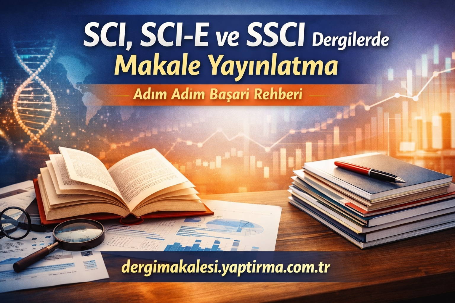 Turkish cover image for a publishing guide: open book, stacked notebooks, graphs, and the website dergimakalesi.yaptirma.com.tr in view.