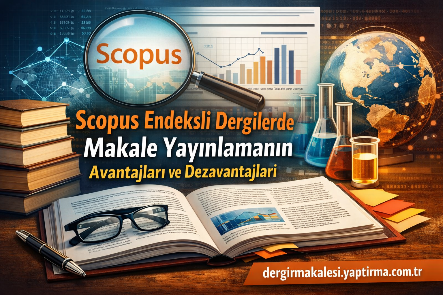 Turkish article banner showing a magnifying glass over 'Scopus' with books, open notebook and glasses, charts, a globe, and lab glassware; headline about advantages and disadvantages of publishing in Scopus-indexed journals.
