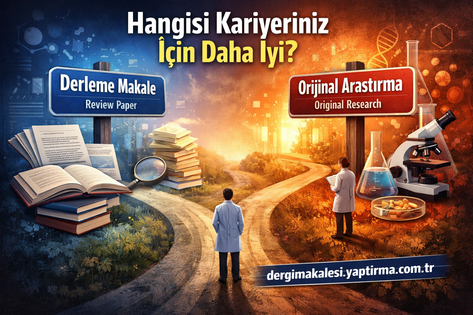 Two road signs show career paths: 'Review Paper' and 'Original Research' as scientists stand at a fork with lab equipment nearby.
