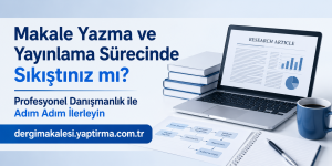 Turkish banner inviting help with writing and publishing; laptop shows a research article beside books and a notebook on a desk.
