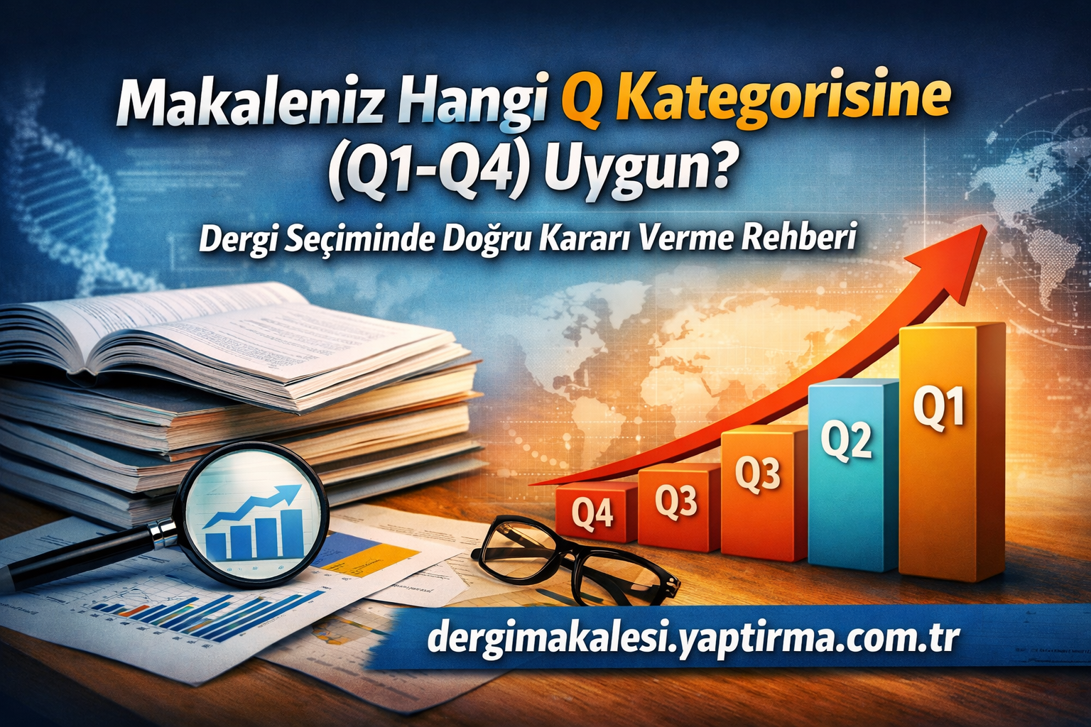 Turkish banner image showing a rising Q1–Q4 bar chart, open book, glasses, and documents for choosing a magazine article category.
