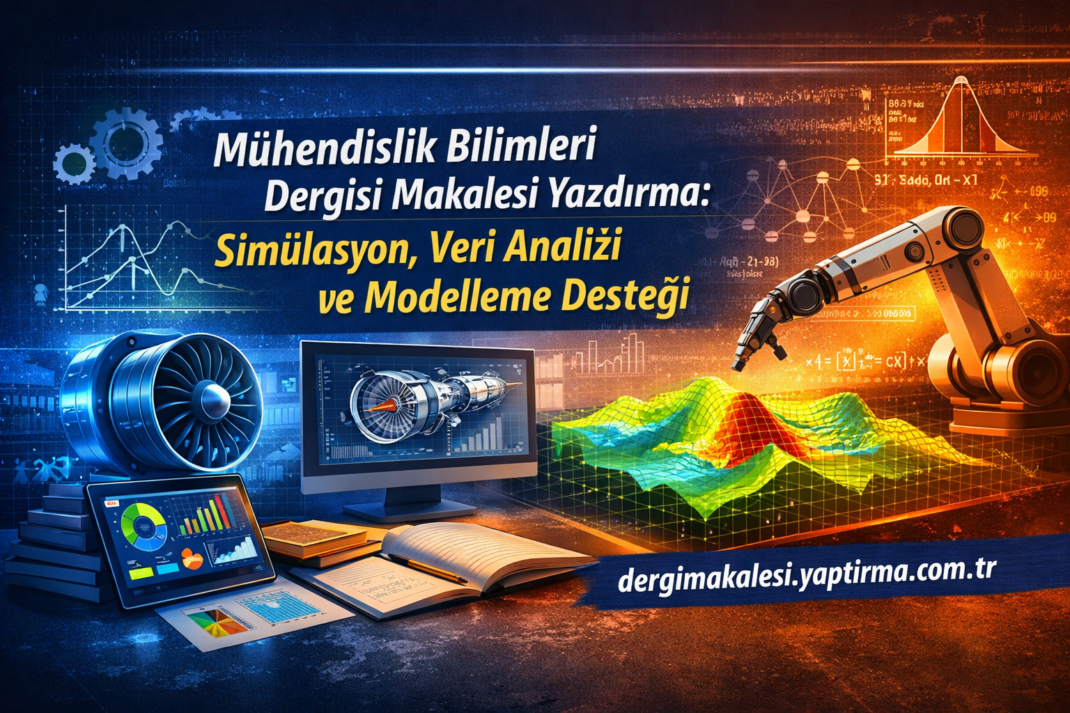 Turkish engineering poster featuring a robotic arm, turbine, computer screens, charts and a wind-rose graphic, about simulations and data analysis.