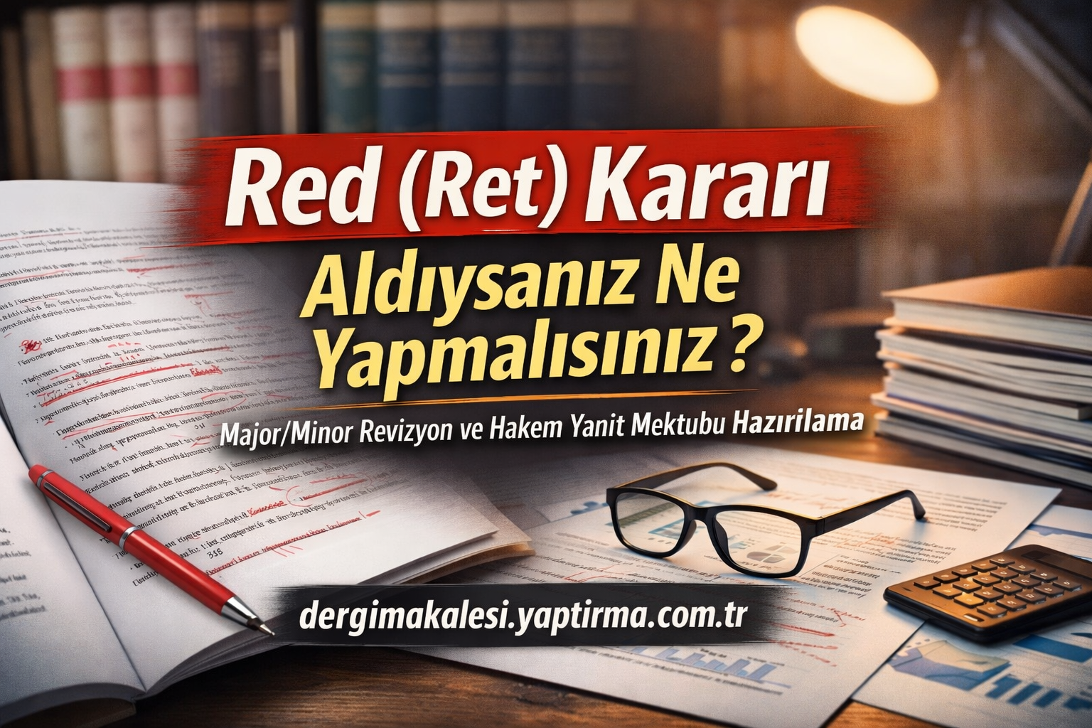 Turkish article thumbnail about what to do after a Red (Ret) decision; documents, pen, glasses on a desk.