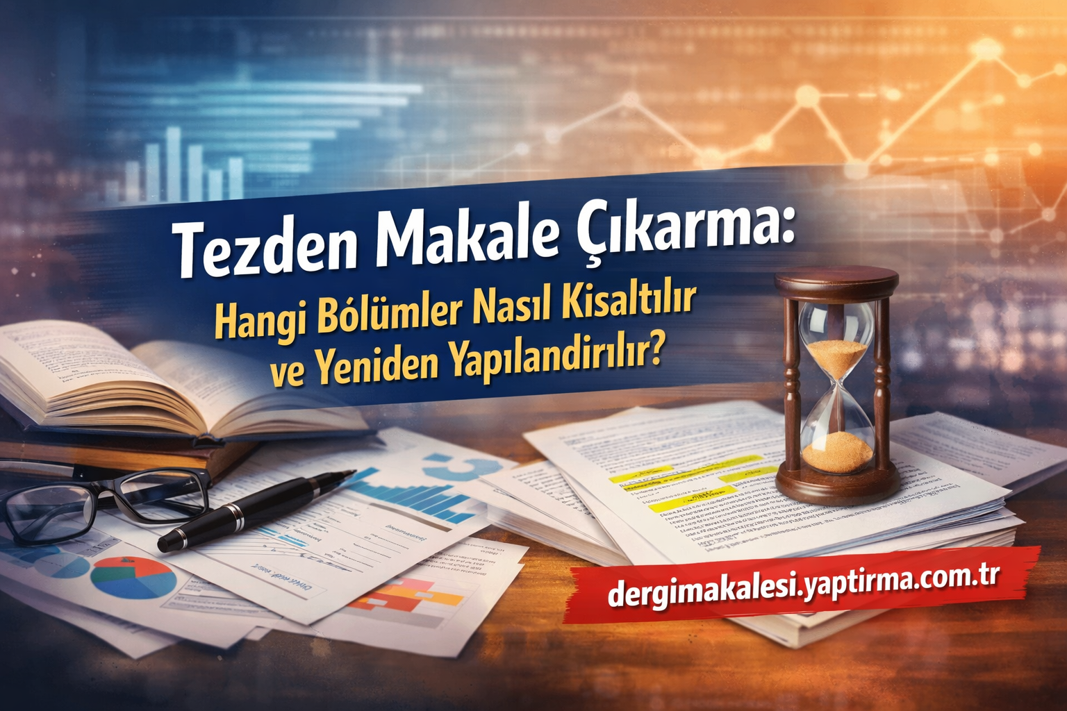 Banner with Turkish headline about turning a thesis into an article; desk scene with open book, papers, glasses, pen and an hourglass.
