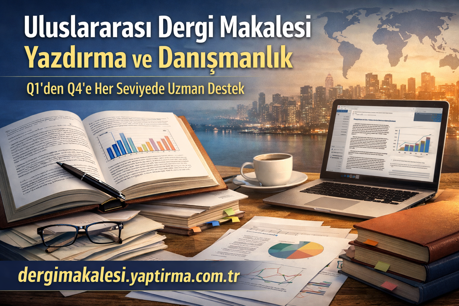 Çalışma masasında açık kitap, grafiklerle dolu sayfalar ve kalemlerle beraber, yanında kahve ve dizüstü bilgisayar bulunan bir ofis afişi. Şirketin proje reklamı olduğuna işaret eden görsel yazılar okunuyor: ‘Uluslararası Dergi Makalesi Yazdırma ve Danışmanlık’.