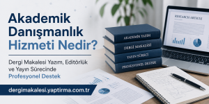 Banner advertising Turkish academic consultancy, featuring a stack of blue books and a laptop displaying a research article.