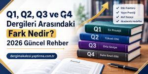 Promotional banner about Q1–Q4 magazine differences; shows a stack of colored books labeled Q1 En Prestijli, Q2 Yüksek Etki, Q3 Orta Seviye, Q4 Daha Sınırlı Etki with a Turkish headline about the 2026 guide and a website link dergimakalesi.yaptirma.com.tr