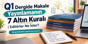 Q1 Dergi'de Makale Yayınlamanın 7 Altın Kuralı başlıklı Türkçe banner; masa üzerinde kitaplar ve not defteriyle çalışılan bir çalışma alanı gösteriliyor, web adresi alt kısımda yazıyor.