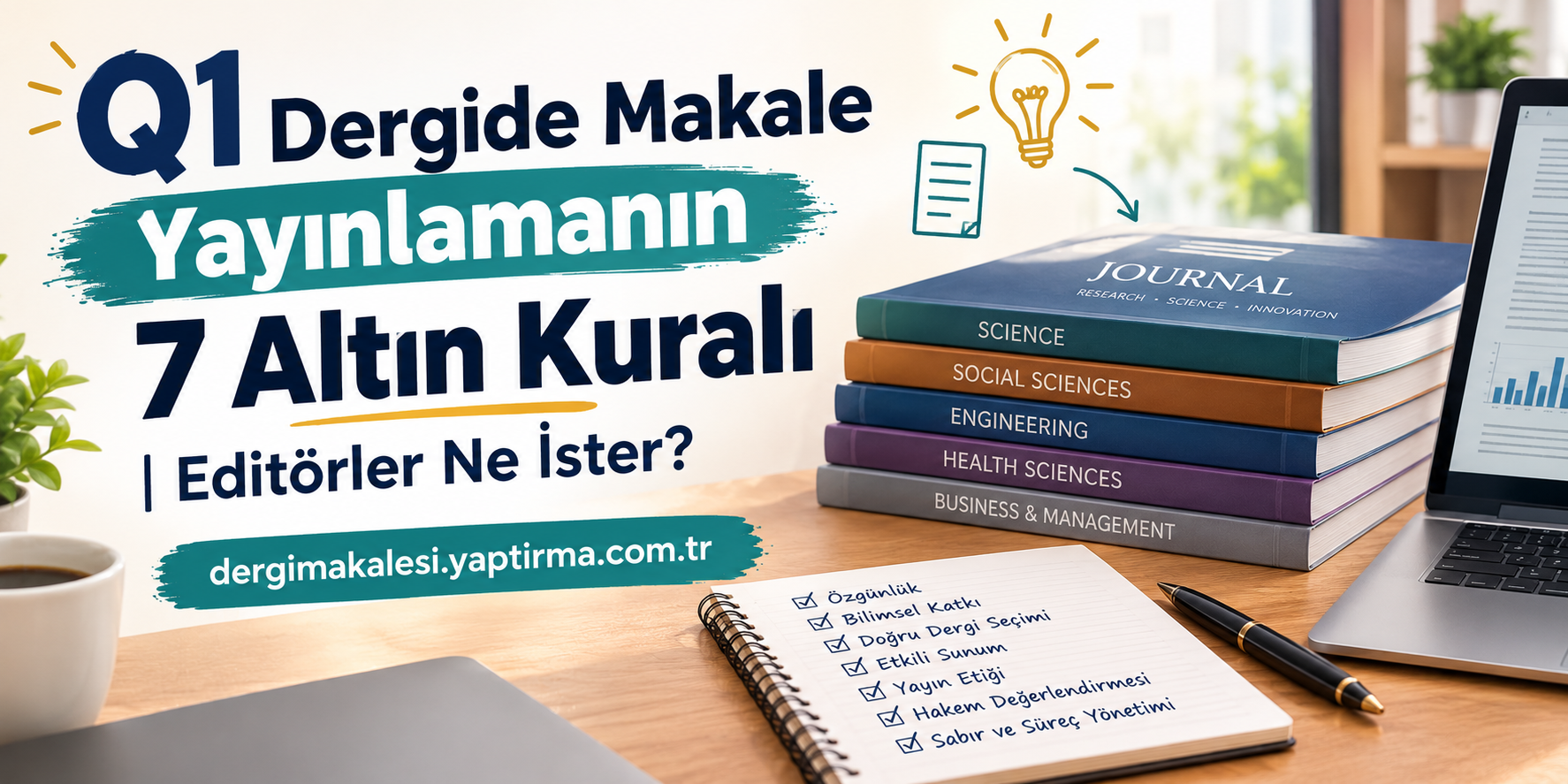 Q1 Dergi'de Makale Yayınlamanın 7 Altın Kuralı başlıklı Türkçe banner; masa üzerinde kitaplar ve not defteriyle çalışılan bir çalışma alanı gösteriliyor, web adresi alt kısımda yazıyor.