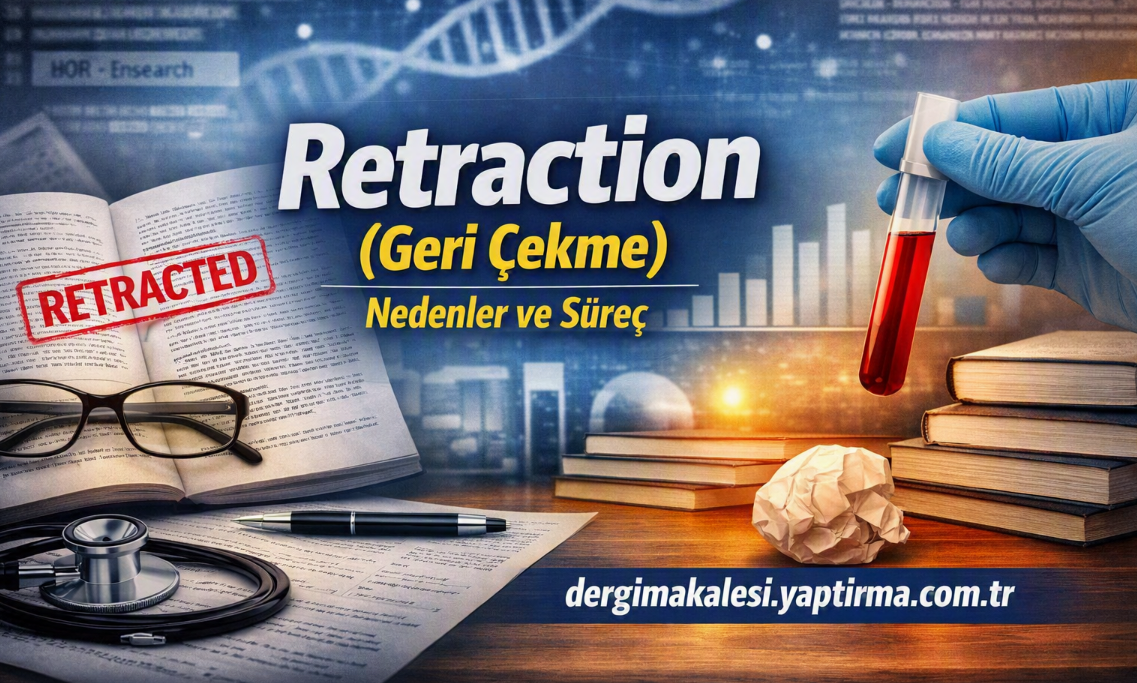 Educational banner about research retraction, featuring a red 'RETRACTED' stamp, open book, stethoscope, glasses, and a gloved hand holding a test tube with red liquid on a desk of books and papers.
