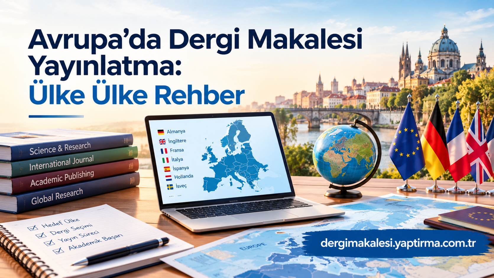 Promotional banner with a laptop showing a Europe map and language list, a globe, stacked books, and flags, Turkish headline on a desk.