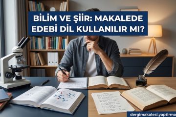 Person sits at a desk writing with books, notes, a microscope, and a feather quill in an ink bottle, under a banner about science and poetry in Turkish.
