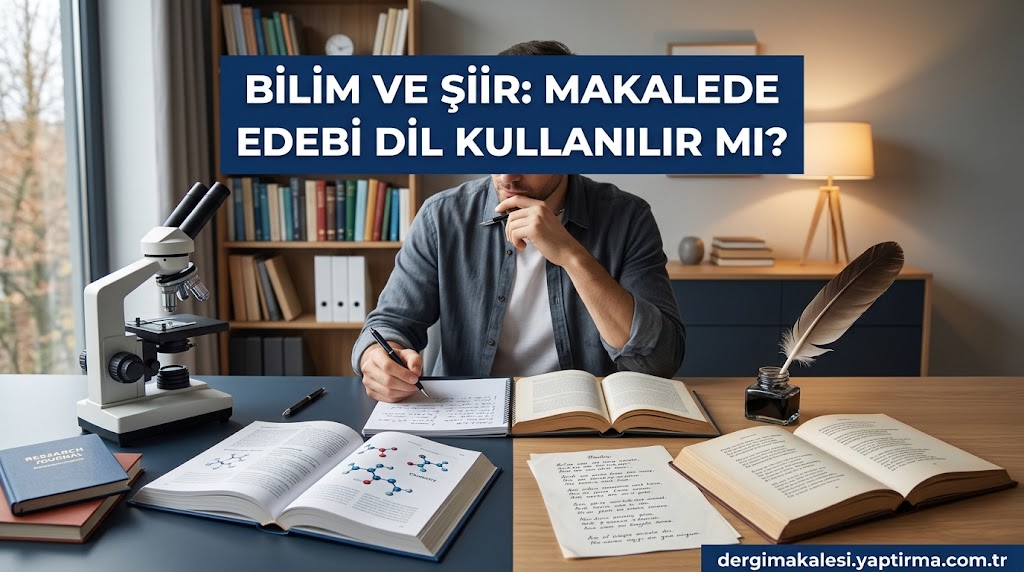 Person sits at a desk writing with books, notes, a microscope, and a feather quill in an ink bottle, under a banner about science and poetry in Turkish.