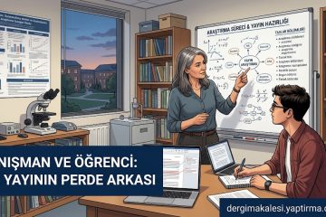 Mentor explains research process to a student at a whiteboard titled Arastirma Süreci & Yayin Hazirligi, in a library lab setting.