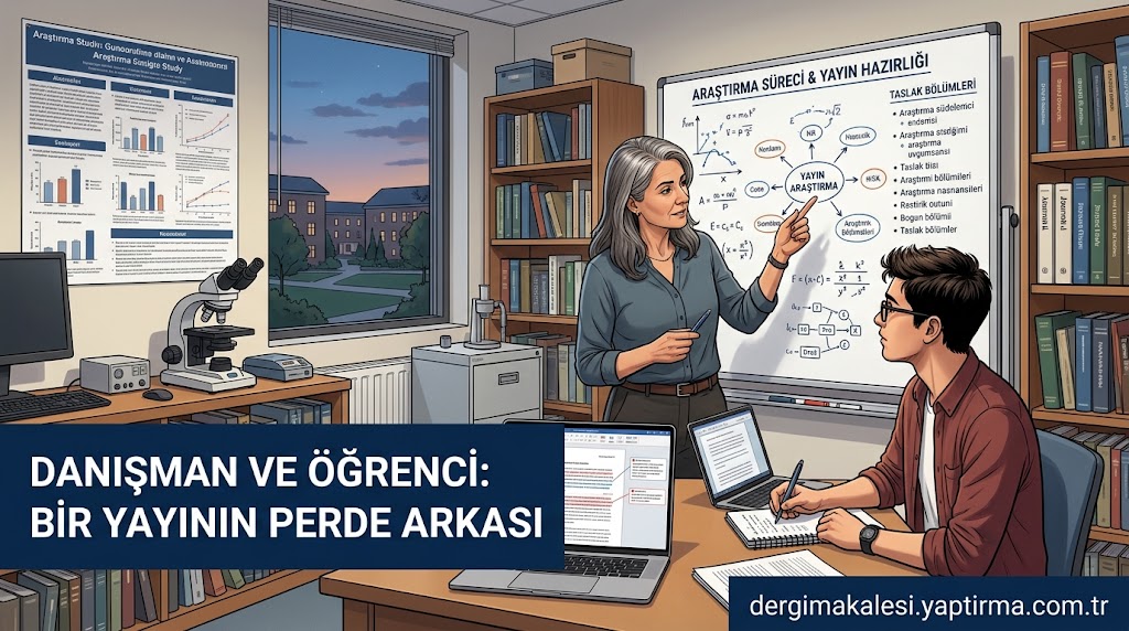 Mentor explains research process to a student at a whiteboard titled Arastirma Süreci & Yayin Hazirligi, in a library lab setting.