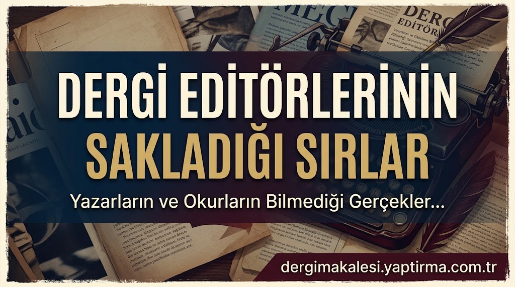 Turkish banner: 'Dergi Editörlerinin Sakladığı Sırlar' with subtitle 'Yazarların ve Okurların Bilmediği Gerçekler…' over a vintage newspaper and typewriter background; dergimakalesi.yaptirma.com.tr