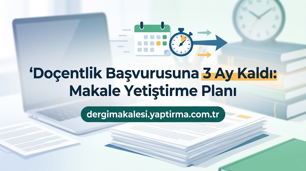 Banner announcing a 3-month countdown to the Doçentlik Başvurusu with a laptop, calendar, stopwatch and stacks of papers, plus the site URL.