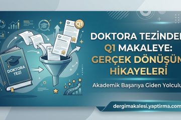 Banner promoting 'DOKTORA TEZİ Q1 MAKALEYE: GERÇEK DÖNÜŞÜM HİKAYELERİ' with papers funneling into a blue book and a diploma-themed illustration on a blue gradient background.