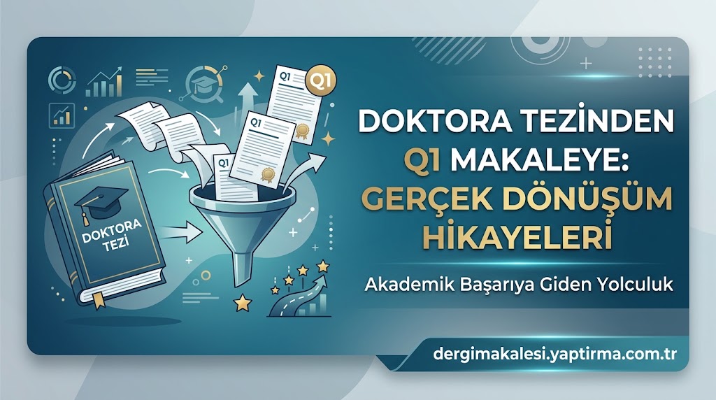 Banner promoting 'DOKTORA TEZİ Q1 MAKALEYE: GERÇEK DÖNÜŞÜM HİKAYELERİ' with papers funneling into a blue book and a diploma-themed illustration on a blue gradient background.