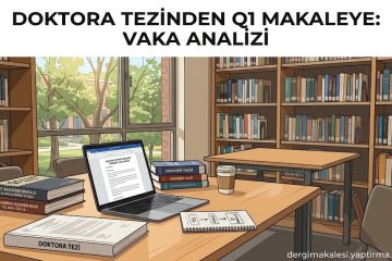 Library study desk with laptop, coffee, and stacks of books; Turkish banner reads 'Doktora tezinden Q1 makaleye: vaka analizi'