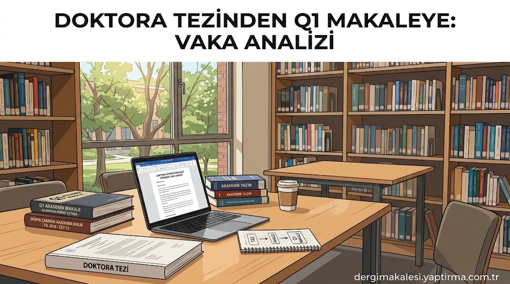 Library study desk with laptop, coffee, and stacks of books; Turkish banner reads 'Doktora tezinden Q1 makaleye: vaka analizi'