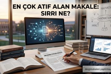 Office desk with desktop showing a citation network; Turkish headline 'En çok atıf alan makale: Sırı ne?' visible on glass.