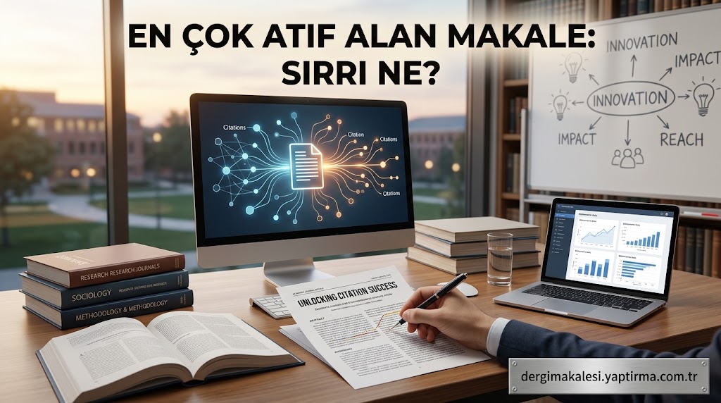 Office desk with desktop showing a citation network; Turkish headline 'En çok atıf alan makale: Sırı ne?' visible on glass.