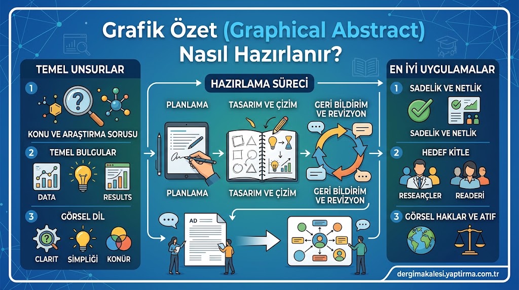 Infographic showing steps to prepare a graphical abstract: key elements, process flow from planning to design and revision, and best practices for clarity, audience, and attribution.