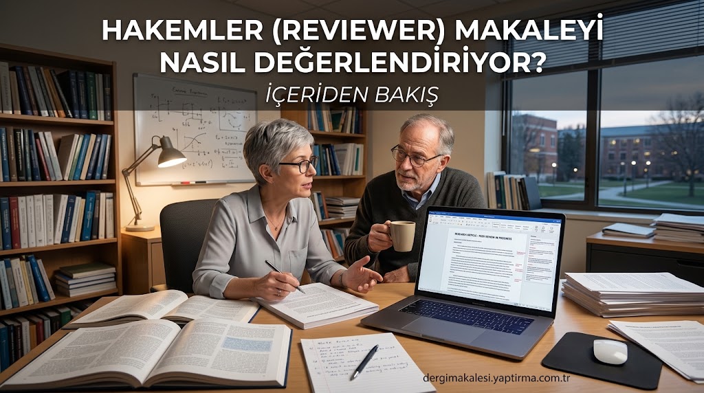 Two professionals discuss a manuscript at a desk with open books, scattered papers, and a laptop displaying a document.