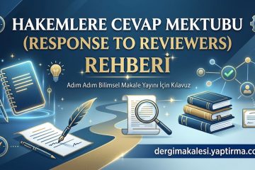 Cover image for a guide titled HAKEMLERE CEVAP MEKTUBU (RESPONSE TO REVIEWERS) with a blue gradient background and educational icons like notebooks, books, a pen, magnifying glass, and a certificate; includes a path graphic and a website URL dergimakaleleri.yaptirma.com.tr
