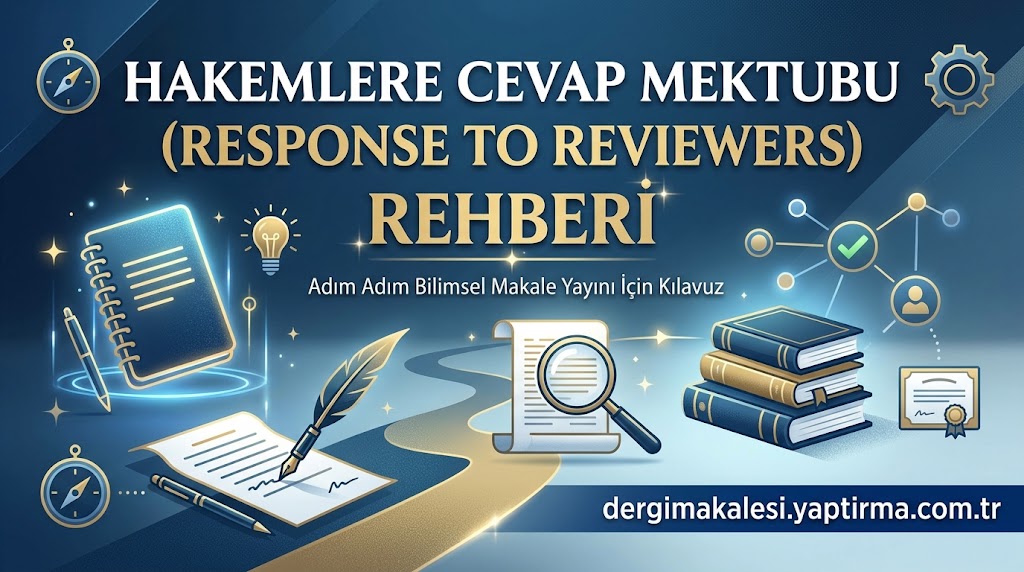 Cover image for a guide titled HAKEMLERE CEVAP MEKTUBU (RESPONSE TO REVIEWERS) with a blue gradient background and educational icons like notebooks, books, a pen, magnifying glass, and a certificate; includes a path graphic and a website URL dergimakaleleri.yaptirma.com.tr