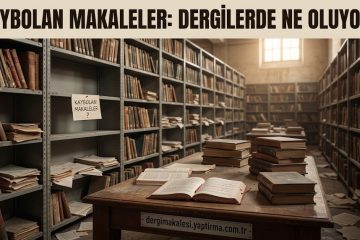 Turkish title banner over a dusty library; stacks of old books on a wooden table amid tall shelves, sign reading 'Kaybolan Makaleler?'