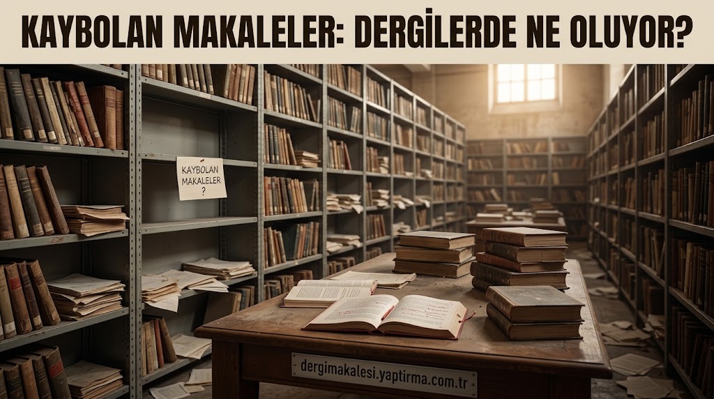Turkish title banner over a dusty library; stacks of old books on a wooden table amid tall shelves, sign reading 'Kaybolan Makaleler?'