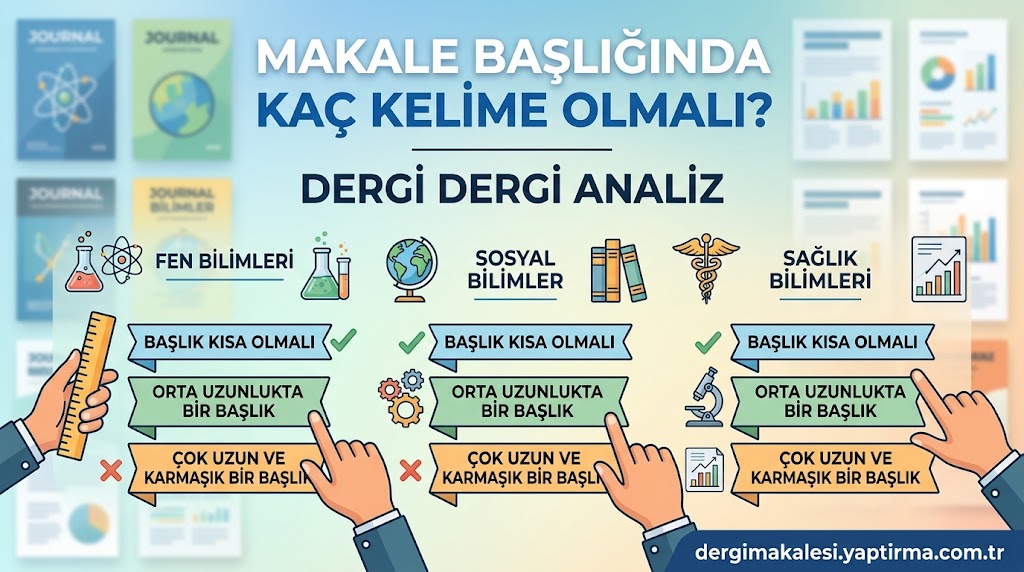 İnfografik: Başlık uzunluğunun bilimi dalları için nasıl olması gerektiğini anlatan Türkçe kılavuz görselleriyle, fenomenler ve dersler yüzeyde tasviriyle.