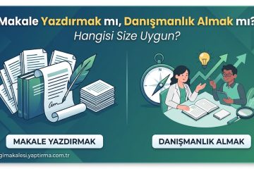 Comparison banner: left side shows stacks of papers and a rolled manuscript for 'Makale Yazdırmak'; right side shows two people at a desk with a clock and a rising chart for 'Danışmanlık Almak'.