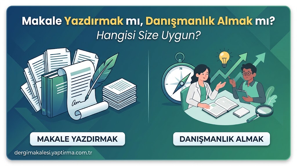 Comparison banner: left side shows stacks of papers and a rolled manuscript for 'Makale Yazdırmak'; right side shows two people at a desk with a clock and a rising chart for 'Danışmanlık Almak'.
