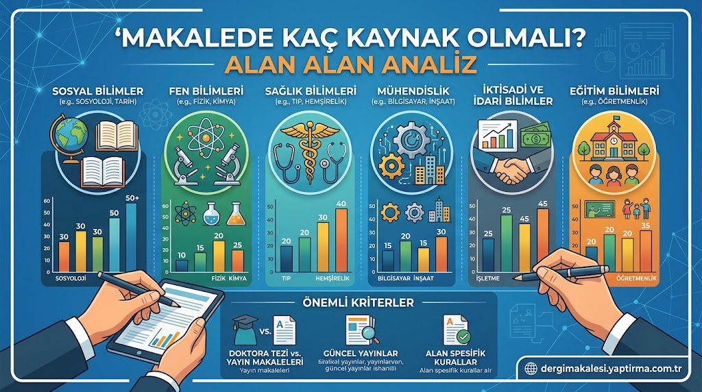Infographic showing source count recommendations by discipline with bar charts for sociology, physical sciences, medicine, engineering, business, and education.