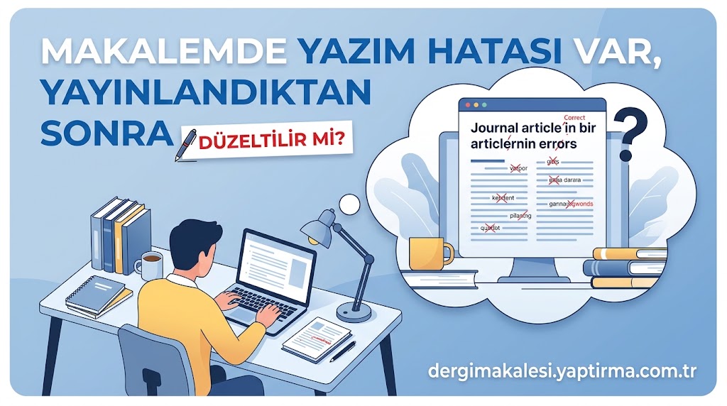 Turkish illustration showing a person typing at a desk while a cloud-shaped monitor displays a journal article with red corrections; text asks if typos can be fixed after publication.