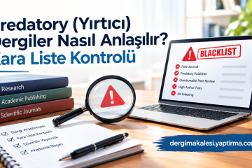 Türkçe başlıklı bir tablo: Predatory Dergiler Nasıl Anlaşılır? Kara Liste Kontrolü yazısı, laptopla 'BLACKLIST' listesi ve büyüteçli inceleme sahnesiyle çalışmaso masası.
