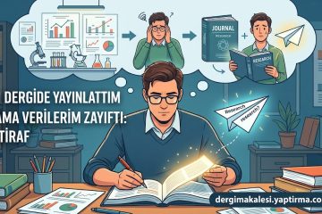 Man at a cluttered desk writes in a notebook; a thought bubble shows charts, a research journal, and papers about weak data, with Turkish headline text nearby.