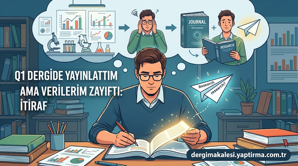 Man at a cluttered desk writes in a notebook; a thought bubble shows charts, a research journal, and papers about weak data, with Turkish headline text nearby.