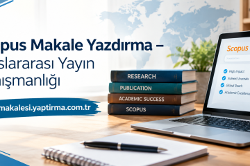 Banner promoting Scopus article writing and international publishing consulting; stack of books beside a laptop displaying Scopus interface on a desk with a world map background on the banner.