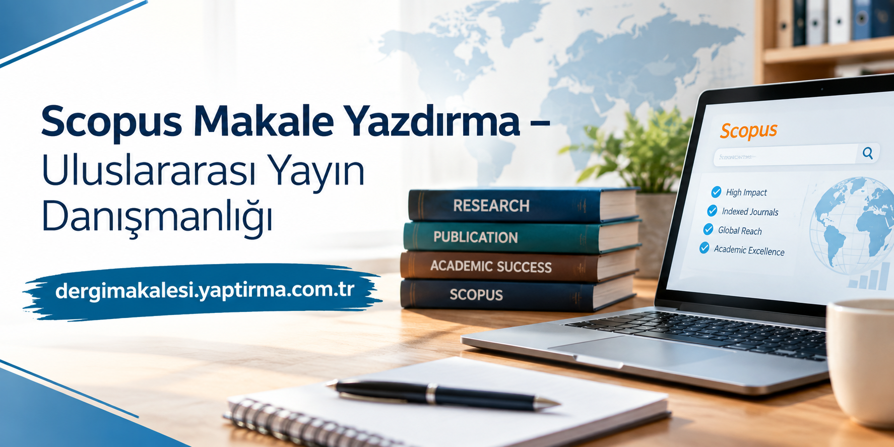 Banner promoting Scopus article writing and international publishing consulting; stack of books beside a laptop displaying Scopus interface on a desk with a world map background on the banner.