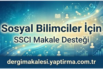Blue science-themed banner advertising SSCI article support for social scientists, with the site dergimakalesi.yaptirma.com.tr at the bottom.