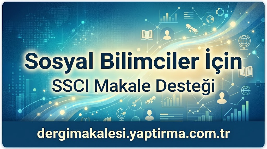 Blue science-themed banner advertising SSCI article support for social scientists, with the site dergimakalesi.yaptirma.com.tr at the bottom.